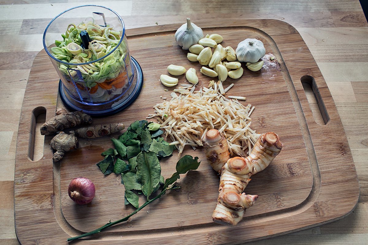 all the kroeung ingredients in a grinder to make kroeung